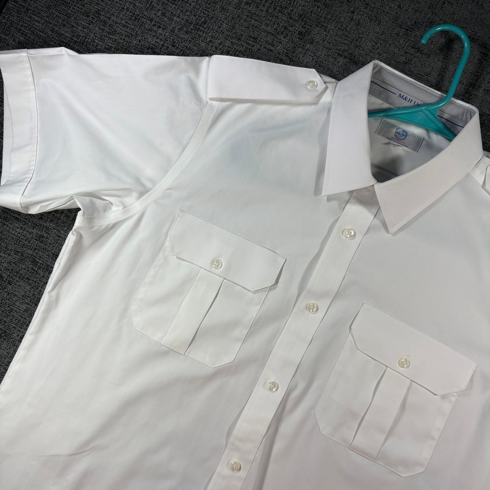 M&H Uniforms Pilot Shirt Mens 17.5 White Tapered Fit Short Sleeve Epaulets 40803